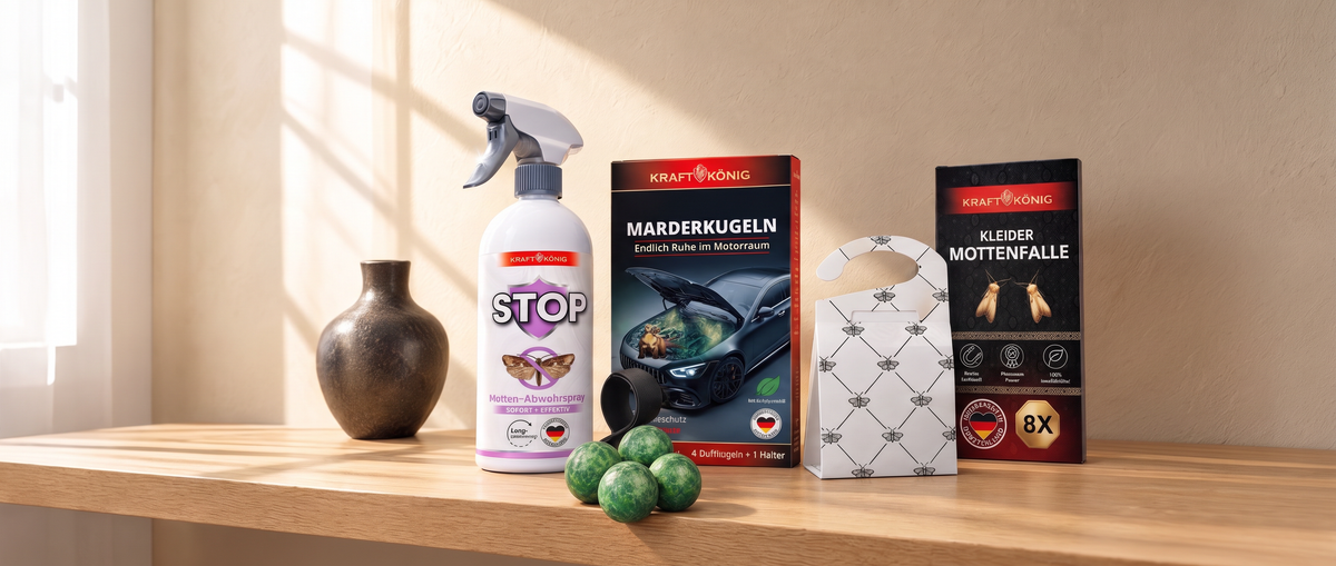 KRAFTKÖNIG Produkte gegen Motten und Marder auf einem Holzregal