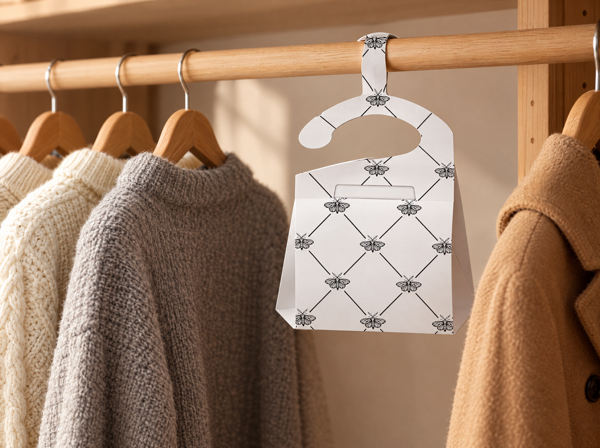 Kleidermottenfalle hängt im Kleiderschrank zwischen Wollpullovern